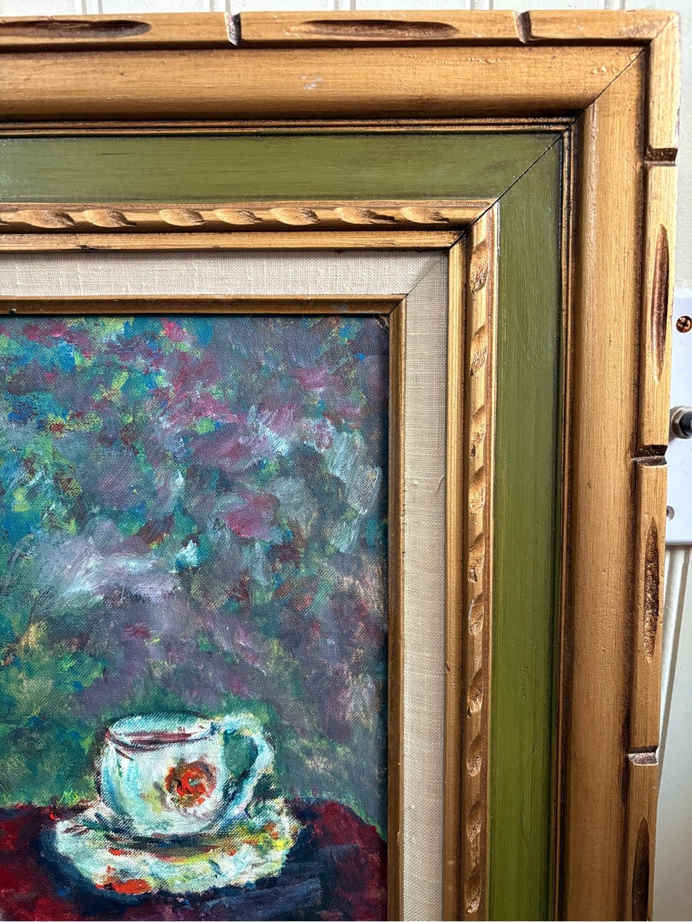 Vintage Teapot Still Life Abstract Oil Painting Framed Green & Gold Impasto VTG - Picture 4 of 14